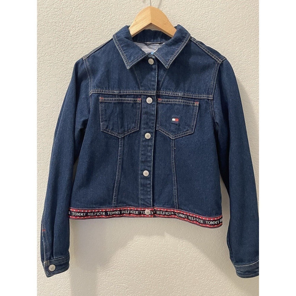 Tommy Hilfiger VTG 90s Y2K Womens Sz L Blue Denim Cropped Jean Jacket logo Strip